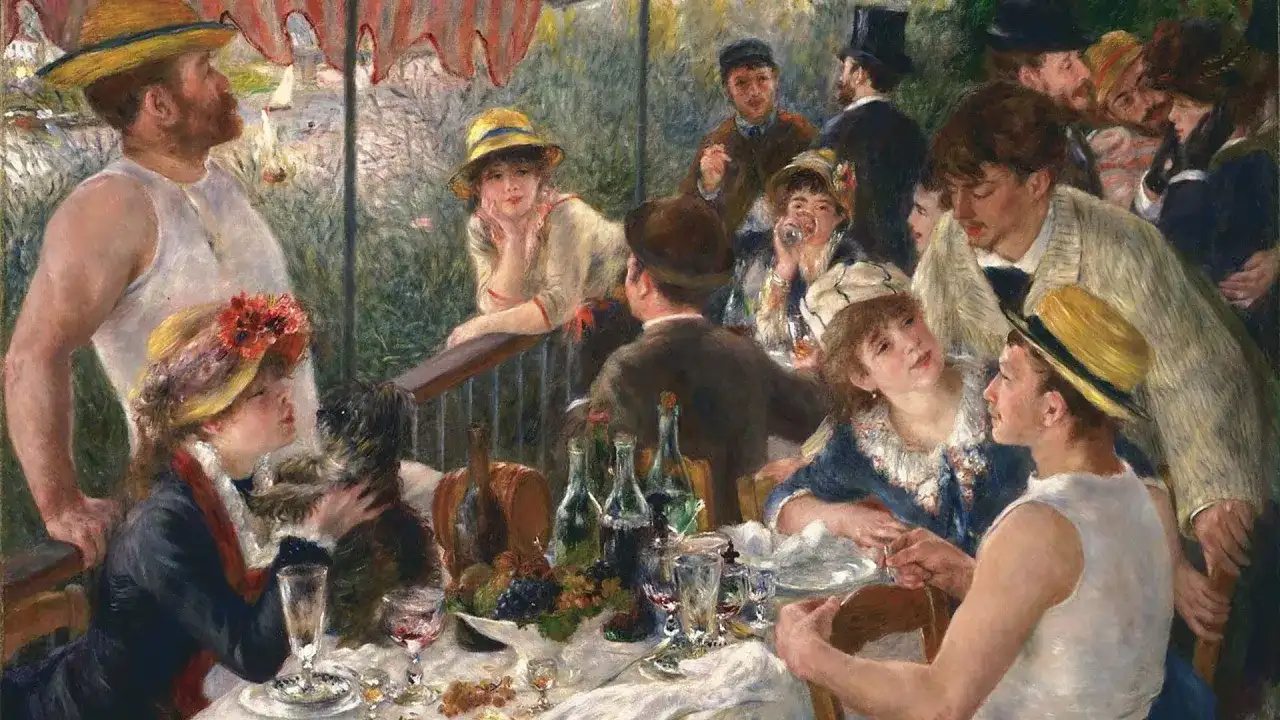 Obiad u Renoir'a, w muzeum impresjonistów w Paryżu. Ludzie w letnich strojach, z psem, przy stole z winem i owocami.