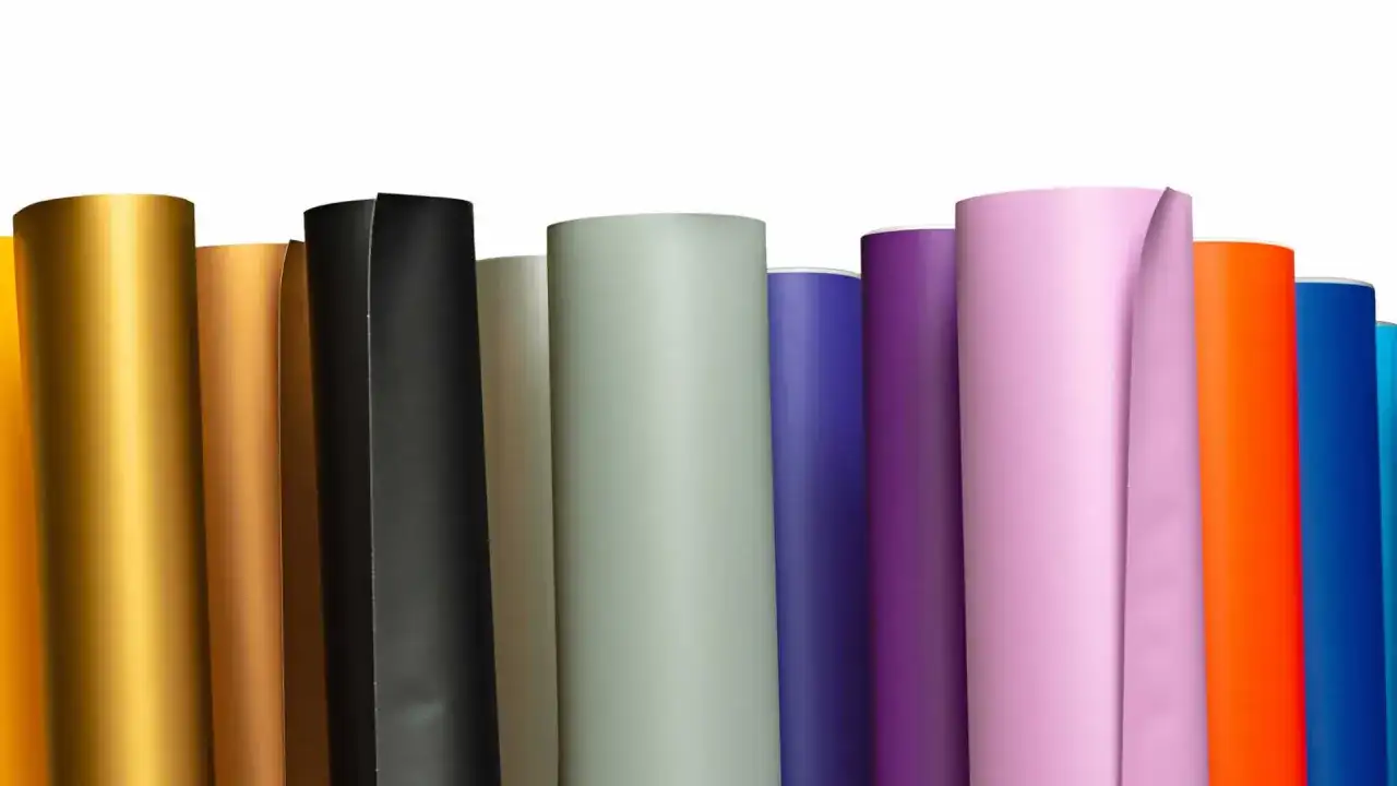 Rolki folii w różnych kolorach: złoty, brązowy, czarny, zielony, fioletowy, różowy, pomarańczowy, niebieski.