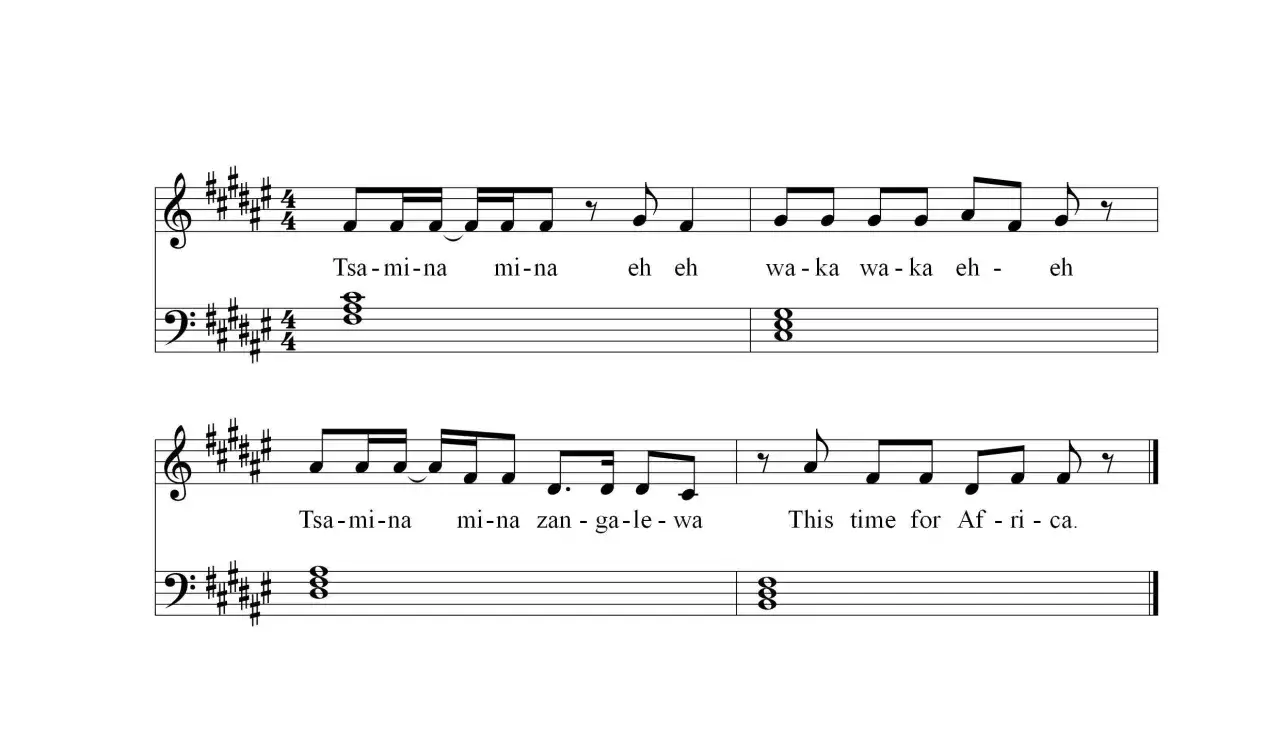 Proste piosenki na pianino z tekstem "Tsa-mi-na mi-na" i "This time for Africa".