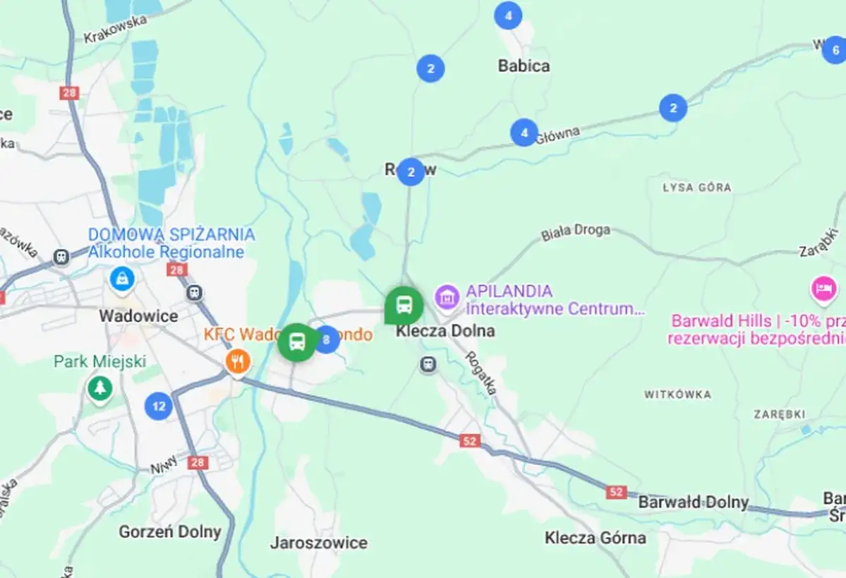 Mapa z zaznaczonymi przystankami autobusowymi i nazwami miejscowości, m.in. Wadowice, Klecza Dolna.