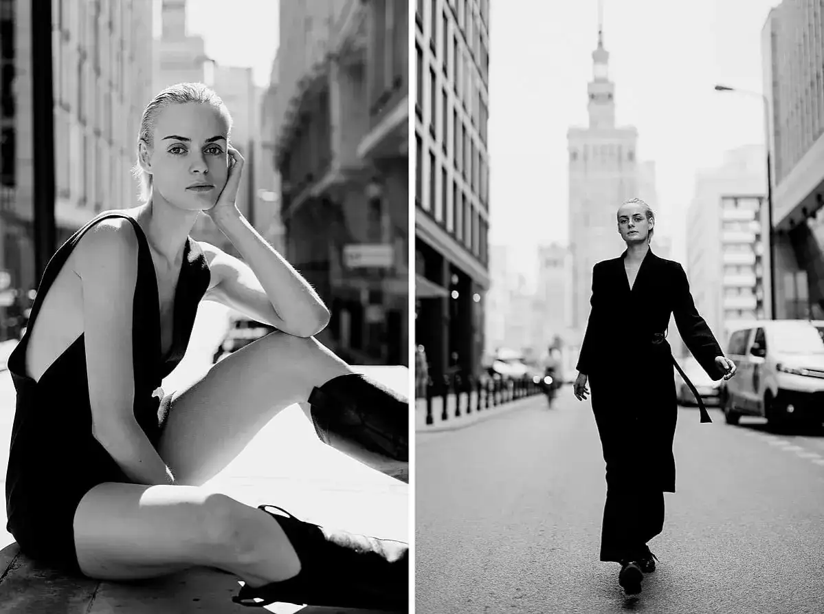 Dwie fotografie ludzi. Kobieta w czarnym stroju siedzi na ulicy, a w drugiej kadrze idzie miejskim deptakiem.