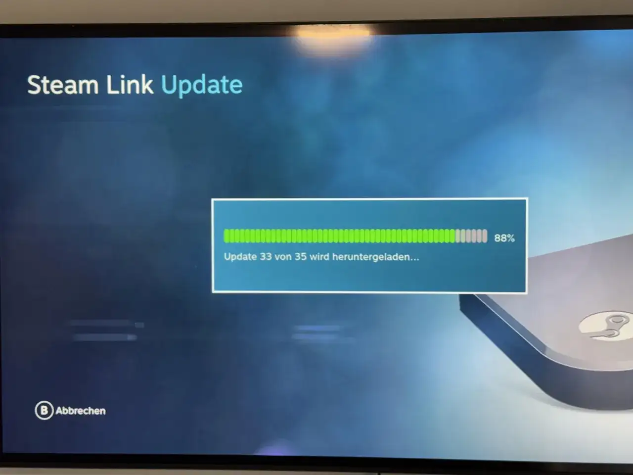 Ekran Steam Link Update pokazuje postęp pobierania aktualizacji 33 z 35. Gdzie jest link do wymiany Steam?