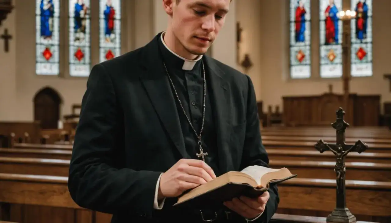 Ksiądz w kościele czyta Biblię. Zastanawia się, czy palcówka to grzech, szukając odpowiedzi w świętych księgach.