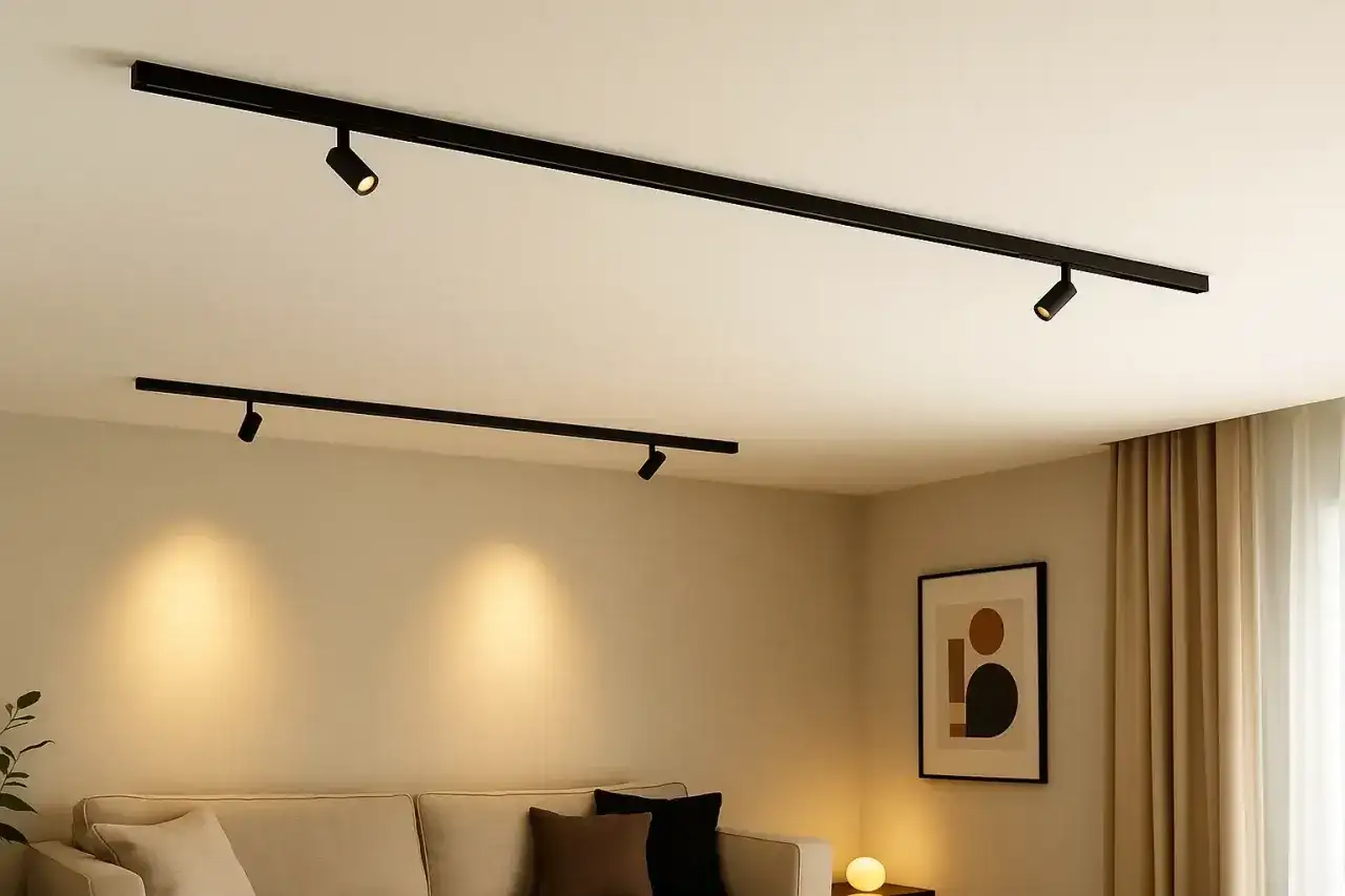 Nowoczesne oświetlenie szynowe wpuszczane w sufit tworzy ciepłą atmosferę nad sofą.