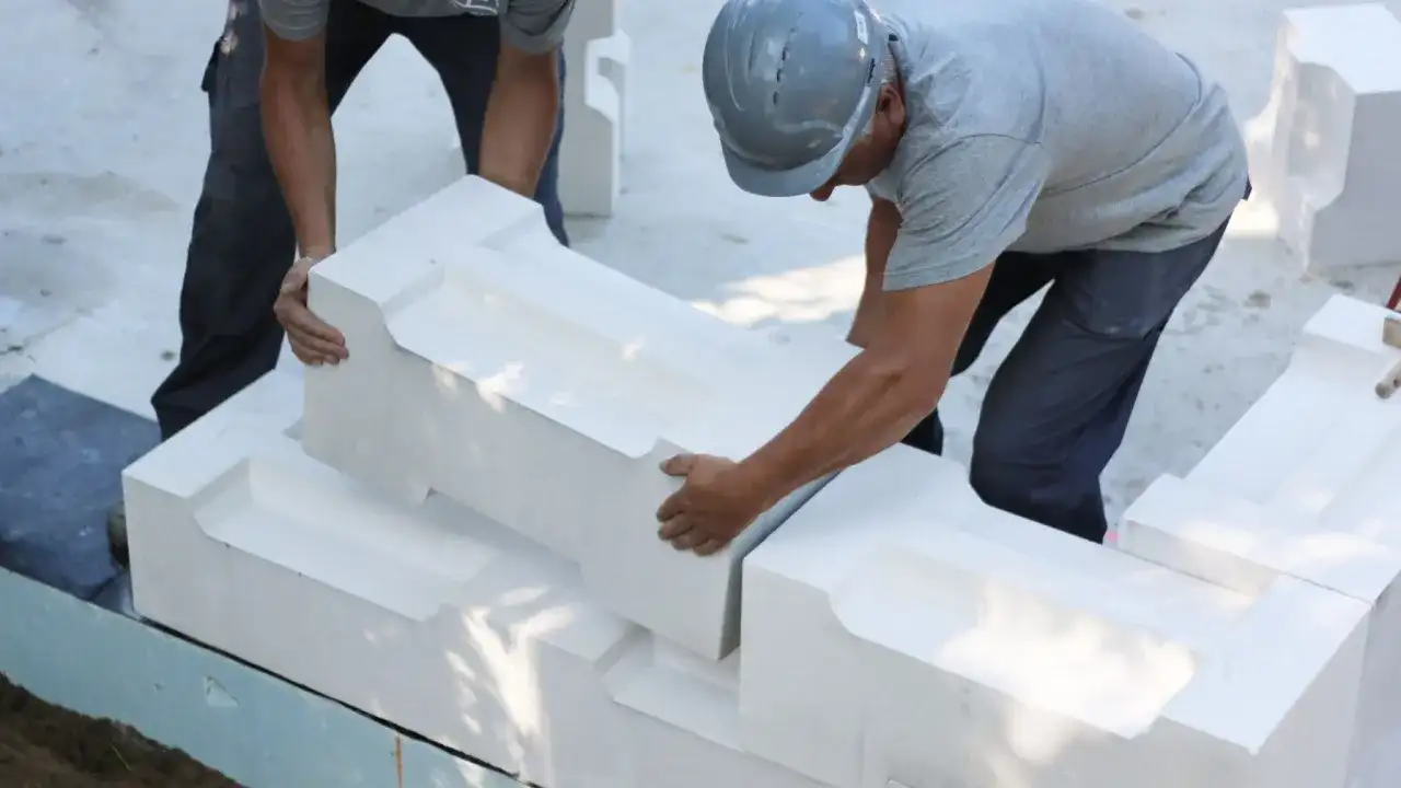 Dwóch budowlańców układa elementy fundamentowe z perlitu. Powstaje nowoczesny dom z perlitu.