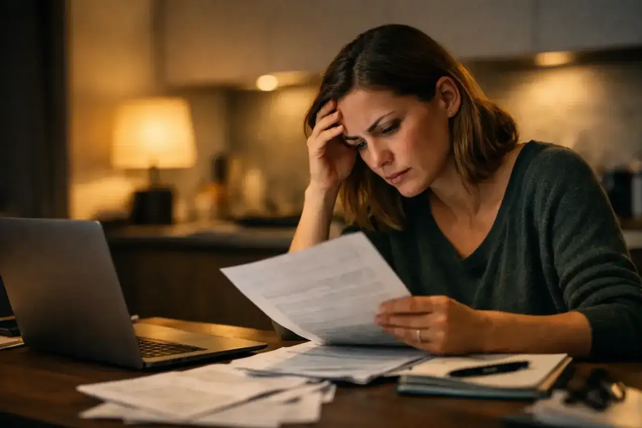 Zmartwiona kobieta sprawdza dokumenty, szukając informacji, jak sprawdzić czy notariusz jest prawdziwy.