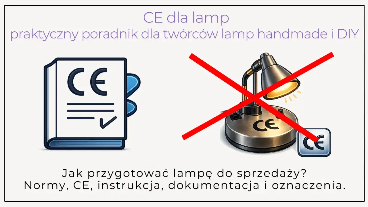 Poradnik o certyfikacji CE dla lamp. Ilustracja pokazuje książkę z symbolem CE i lampę z przekreśleniem, sugerując prawidłowe podłączenie żarówki i zgodność z normami.