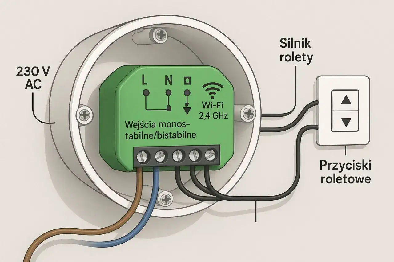Schemat podłączenia modułu sterującego roletami. Zielony moduł z Wi-Fi 2,4 GHz podłączony do zasilania 230V AC, silnika rolety i przycisków roletowych.