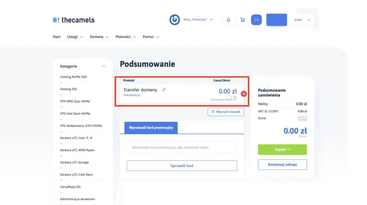 Podsumowanie zamówienia: Transfer domeny thecamels.pl za 0.00 zł. Czas realizacji transferu domeny jest zazwyczaj krótki.