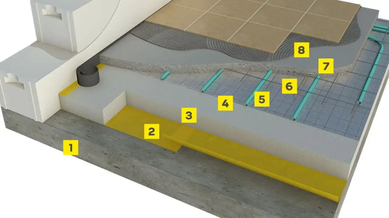 Przekrój nowoczesnego ogrzewania podłogowego bez wylewki: izolacja, rurki grzewcze i płytki.