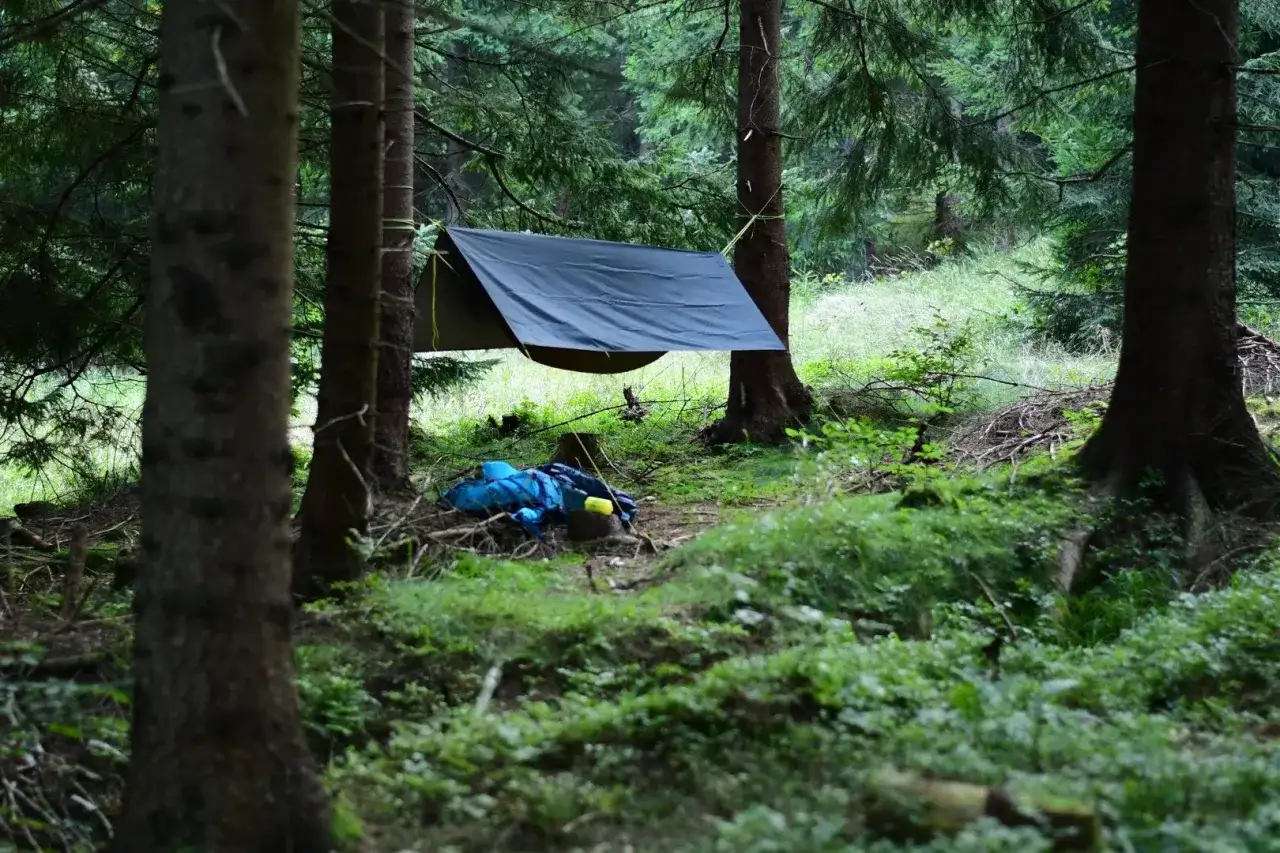 Namiot typu hamak zawieszony między drzewami w lesie. Obok leży niebieski plecak. Idealne miejsce, gdzie pod namiot, Śląskie.