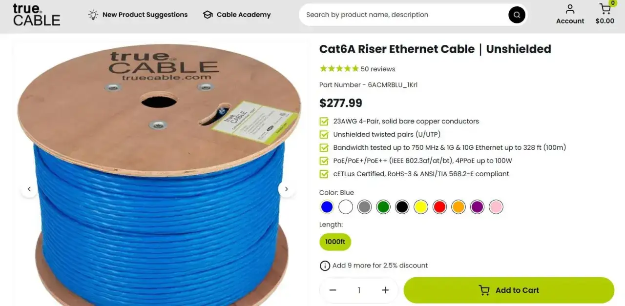 Błękitny kabel Ethernet Cat6A na szpulce. Długość 1000ft. Czy długość kabla Ethernet ma znaczenie? Tak, ten kabel zapewnia wydajność do 100m.