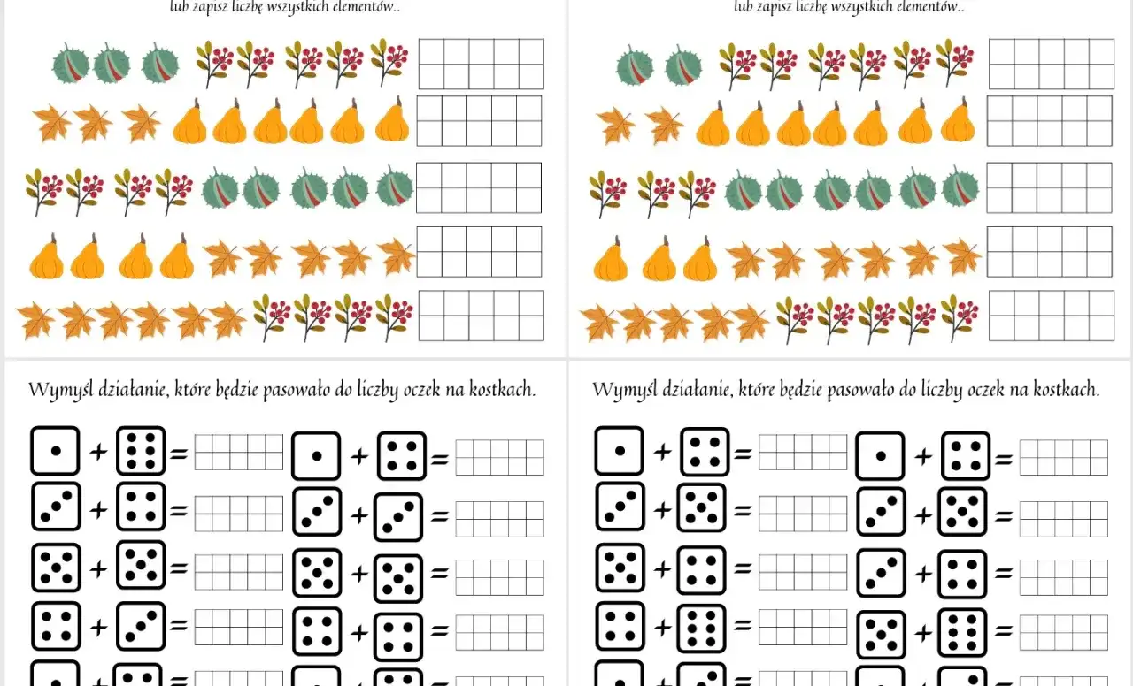Jesienna rewalidacja karty pracy do druku: liczenie dyni, liści, kasztanów i jagód, a także zadania z kostkami.