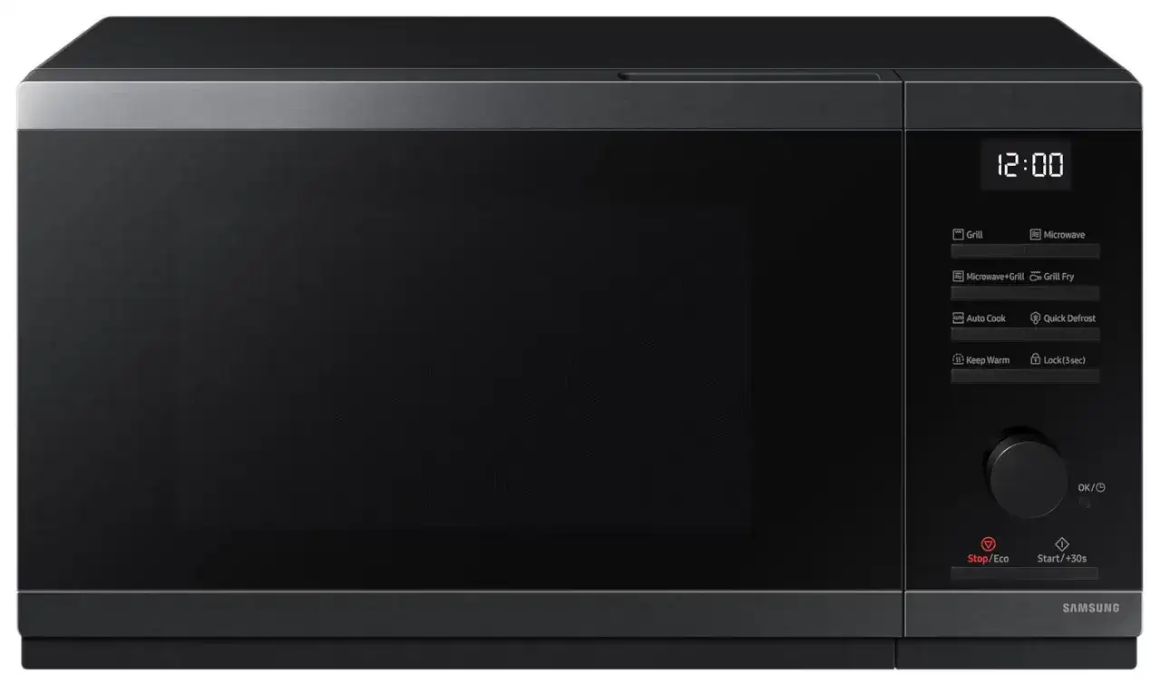 Nowoczesny czarny piekarnik mikrofalowy z panelem sterowania i wyświetlaczem.