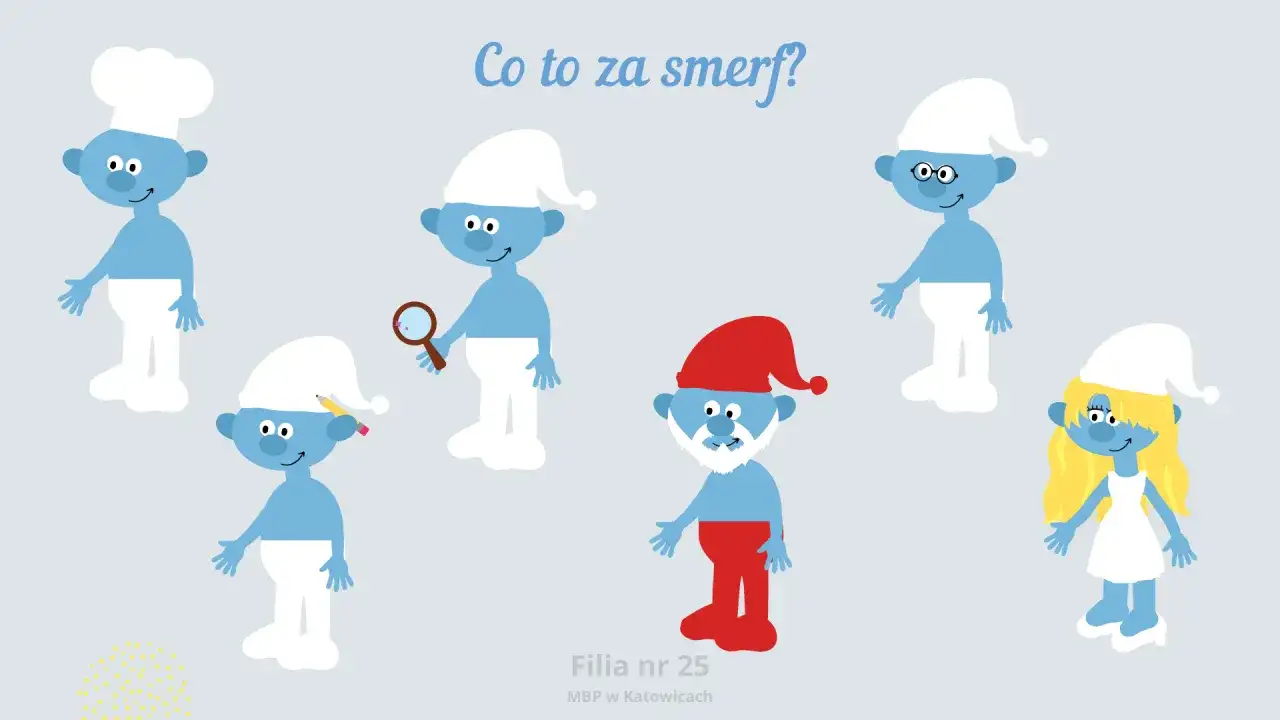 Wesoły dzień smerfa w przedszkolu! Smerfy w czapkach, jeden z lupą, inny z ołówkiem, a Papa Smerf w czerwonej czapce.