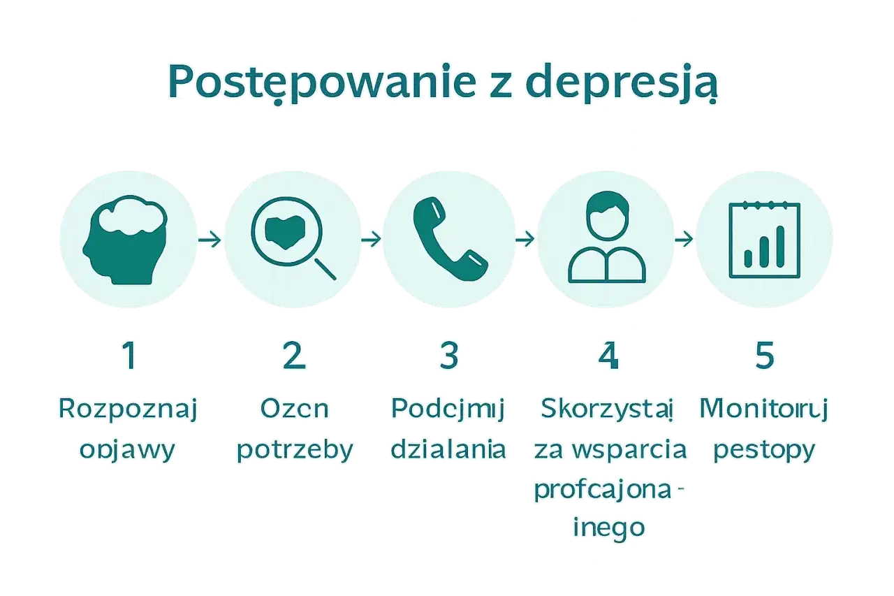 Schemat 5 kroków postępowania z depresją: rozpoznaj objawy, oceń potrzeby, podejmij działania, skorzystaj ze wsparcia, monitoruj postępy.