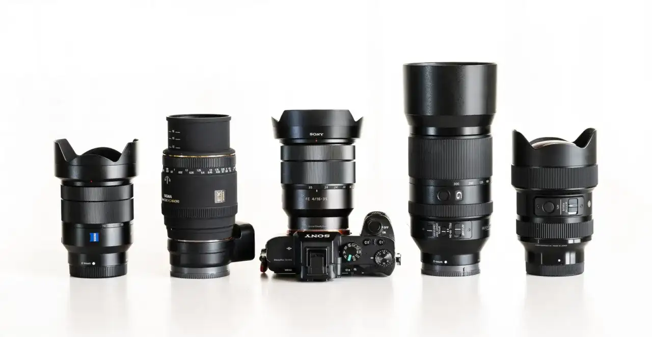 Pięć obiektywów fotograficznych i aparat Sony Alpha ustawione w rzędzie na białym tle.