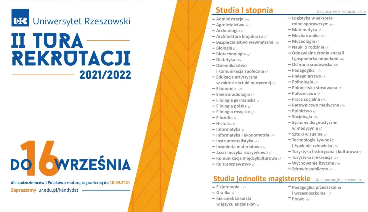 Logo Uniwersytetu Rzeszowskiego, tekst "II Tura Rekrutacji 2021/2022" i lista kierunków studiów.