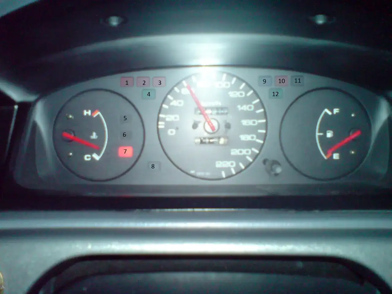 Deszyfrowanie kontrolek Honda Civic: wskaźnik temperatury (H/C), paliwa (F/E), prędkościomierz i inne znaczenie kontrolek.