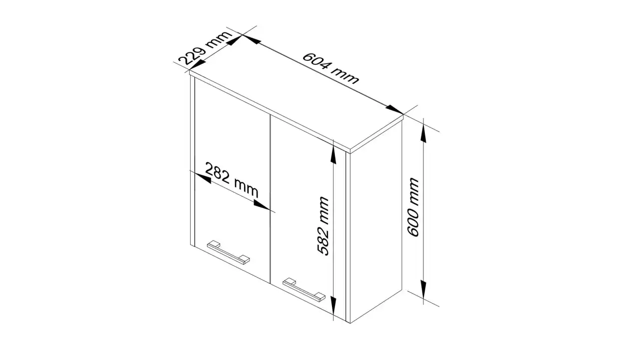 Rysunek techniczny wiszącej szafki łazienkowej z wymiarami.