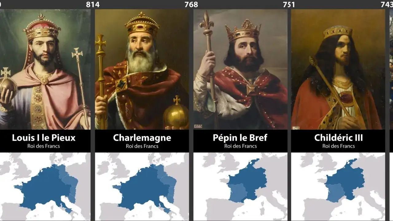 Portrety królów Francji: Ludwik I Pobożny, Karoling, Pepin Krótki, Childeryk III. Chronologicznie przedstawieni królowie Francji.
