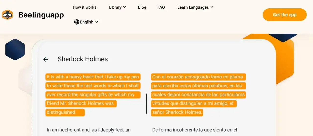 Aplikacja Beelinguapp ułatwia czytanie po angielsku, prezentując tekst Sherlocka Holmesa w dwóch językach.