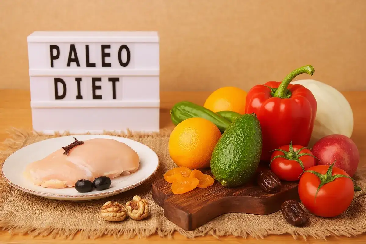 Dieta paleo co to? Na stole surowy kurczak, warzywa, owoce, orzechy i daktyle.