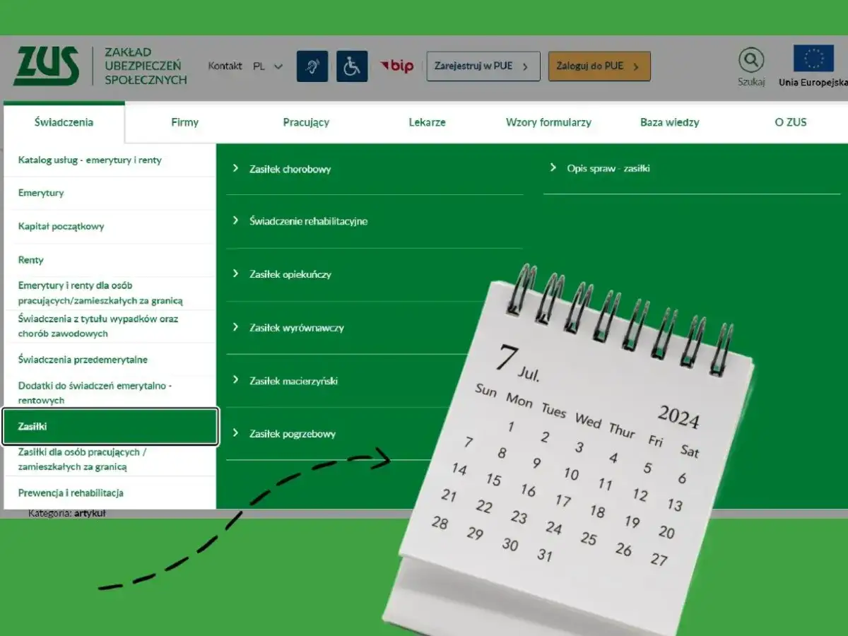 Zasady dotyczące tego, ile wynosi świadczenie rehabilitacyjne, są dostępne w menu ZUS. Kalendarz wskazuje lipiec 2024.