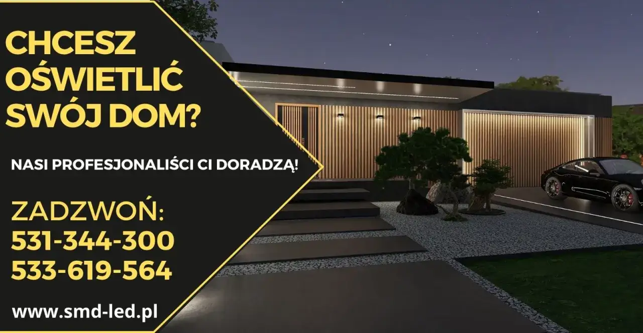 Nowoczesne oświetlenie elewacji domu parterowego podkreśla jego architekturę. Profesjonalne doradztwo w zakresie oświetlenia.
