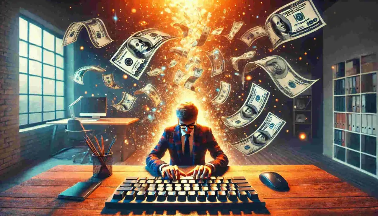 Mężczyzna w garniturze pisze przy klawiaturze, a wokół niego latają banknoty. Wizualizacja sukcesu, jak sprzedać tekst piosenki i zarobić.