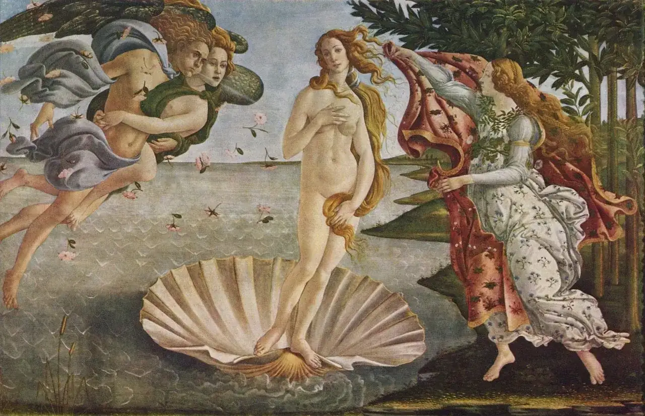 Botticellis Venus auf einer Muschel, umgeben von Göttern und einer Nymphe.