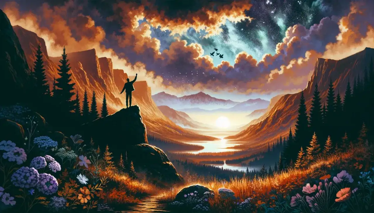 Postać na szczycie góry wita nowy dzień, symbolizując podróż bohatera. Ile etapów ma podróż bohatera według monomitu Josepha Campbella?