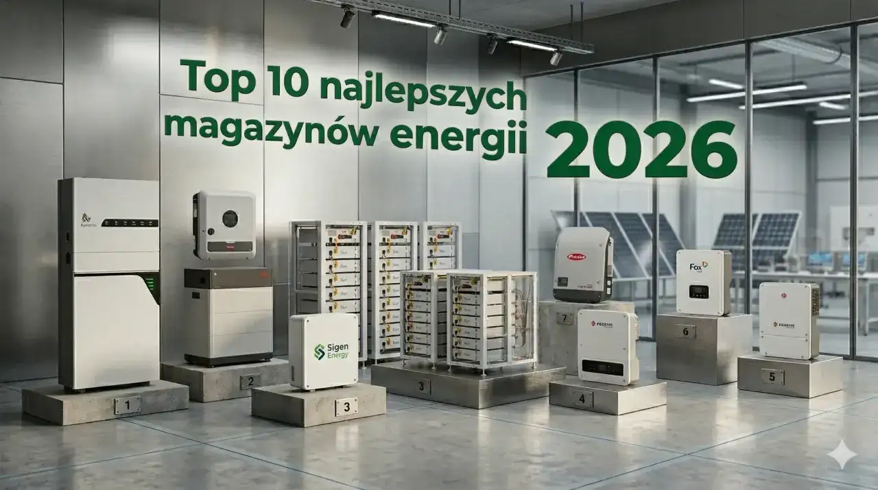 Różne magazyny energii do fotowoltaiki ustawione na podium z numerami.