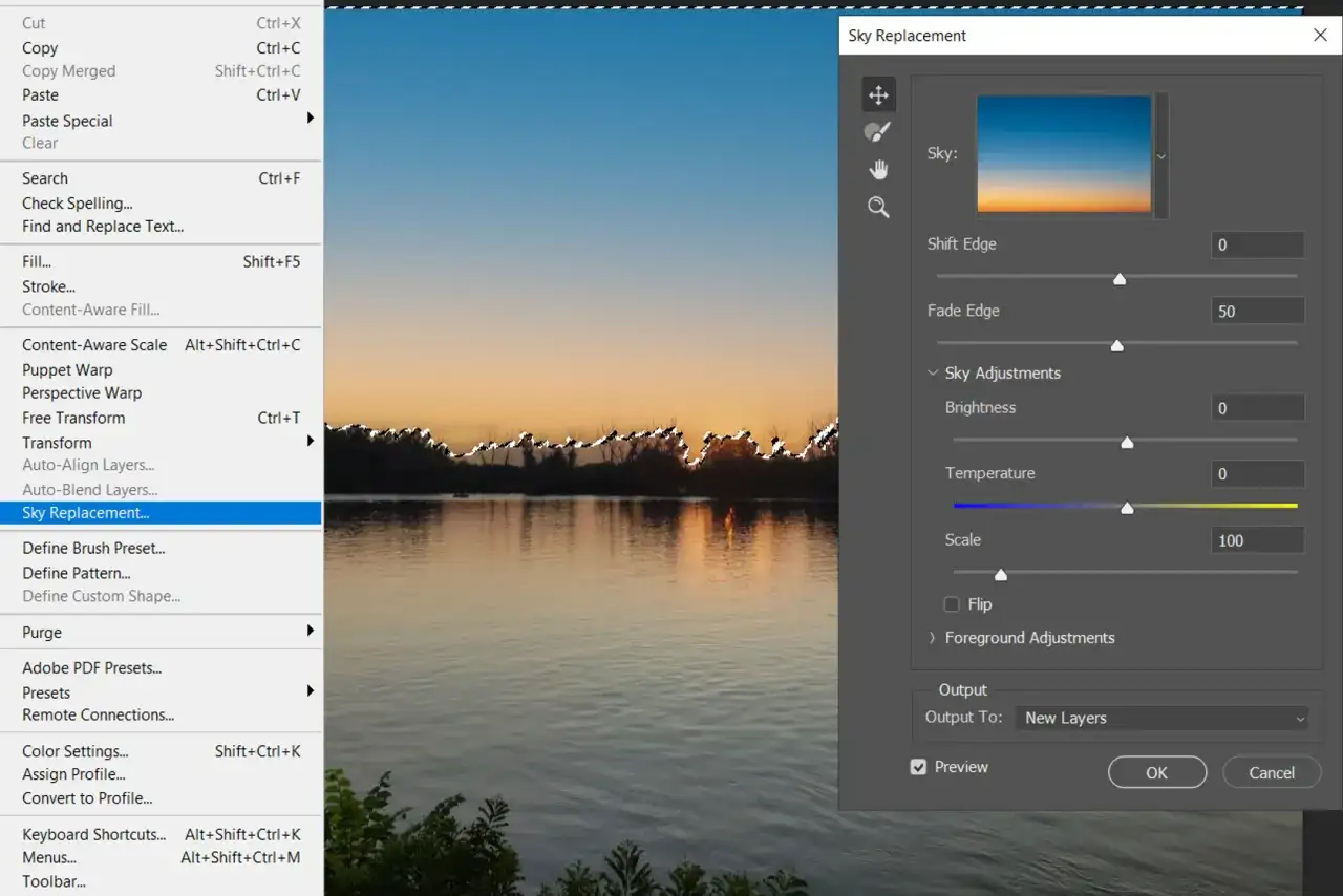 Jak usunąć element ze zdjęcia Photoshop: menu Edycja, opcja "Zamiana nieba" (Sky Replacement).