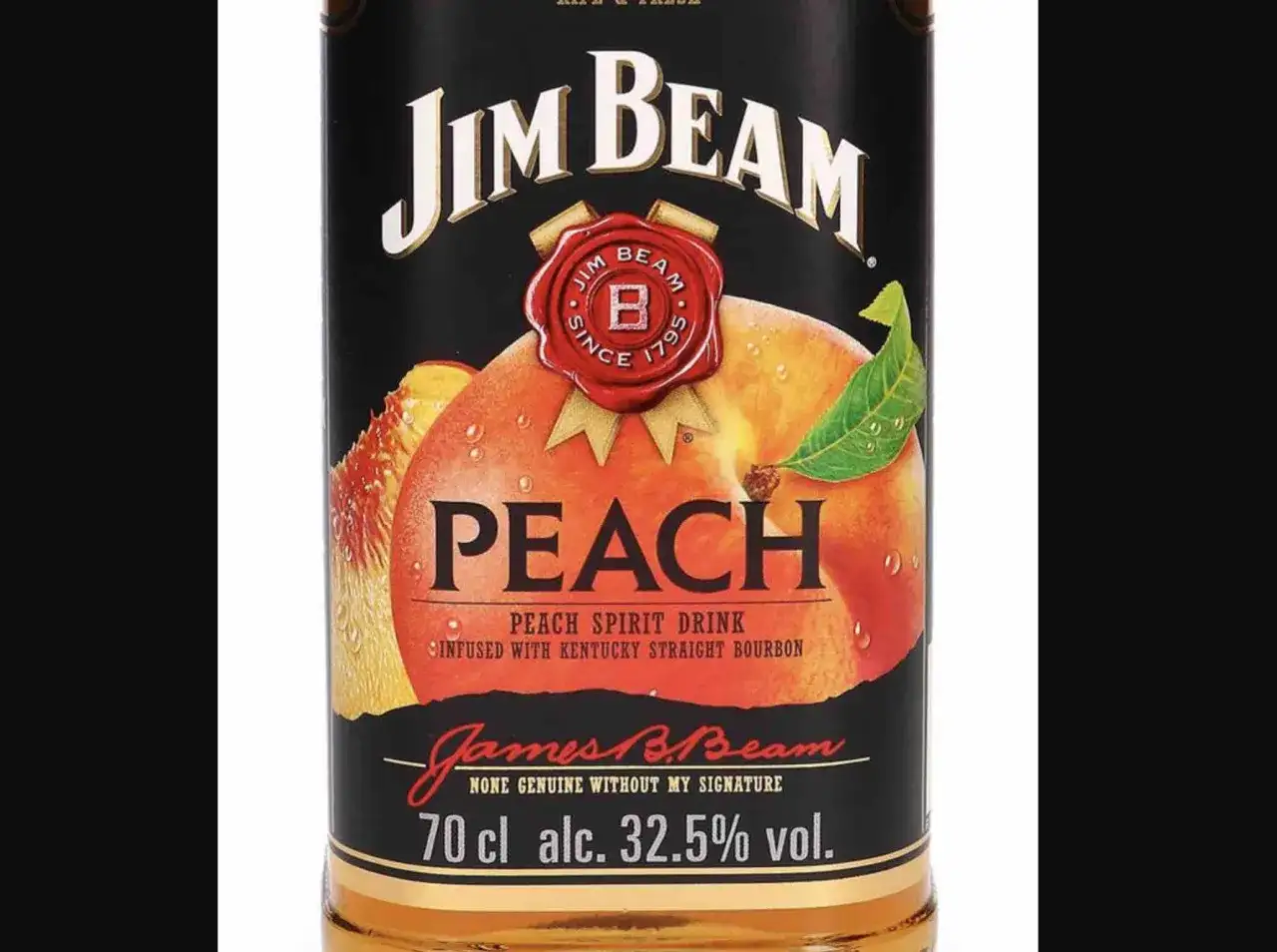Butelka Jim Beam Peach z brzoskwinią i liściem.