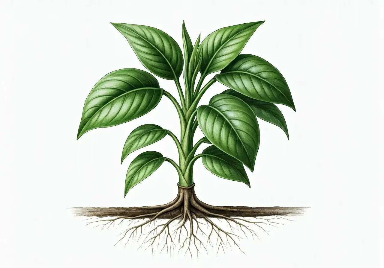 Zielona, bujna roślina z rozłożystymi liśćmi i gęstym systemem korzeni, ukazująca piękno natury.