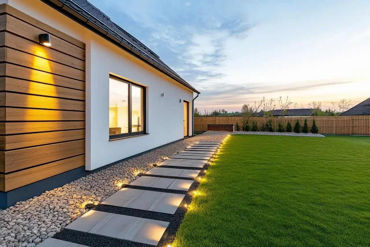Nowoczesny dom z drewnianą elewacją i oświetloną ścieżką z płyt chodnikowych wokół domu.