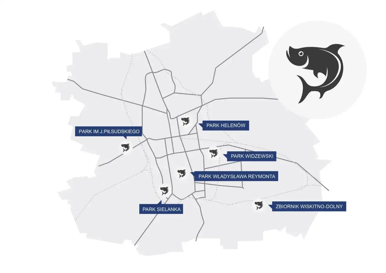 Mapa z zaznaczonymi łowiskami PZW i ikonami ryb.