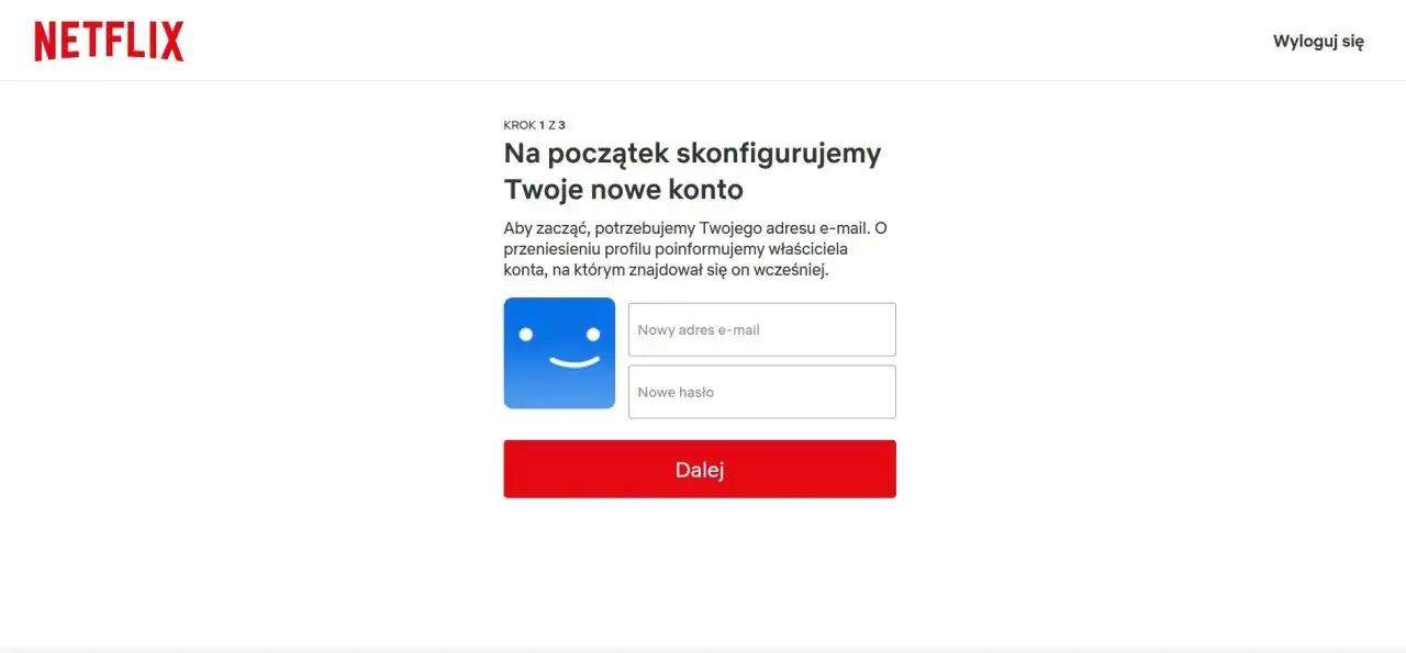 Ekran tworzenia nowego konta Netflix z polami na e-mail i hasło.