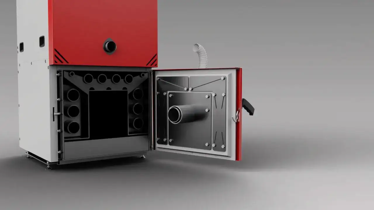 Wnętrze kotła z widocznym zawirowywaczem spalin, który zwiększa efektywność spalania.