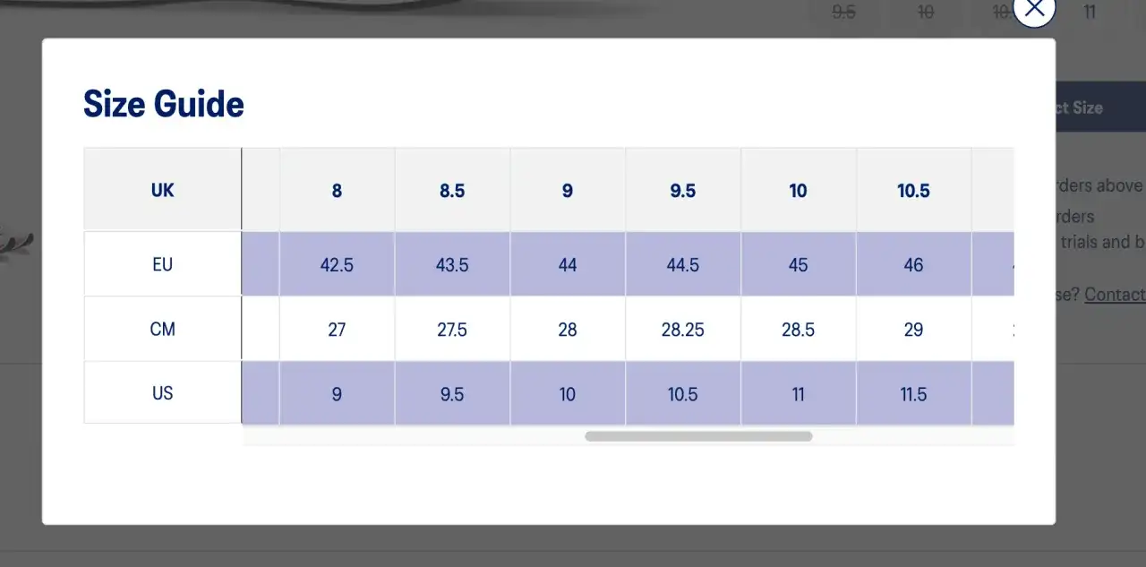 Tabela rozmiarów Hoka: UK 8 to EU 42.5, CM 27, US 9. Sprawdź swoją idealną rozmiarówkę.
