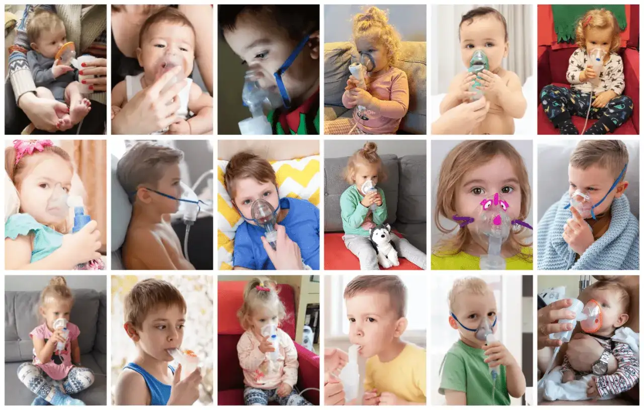 Kolaż zdjęć dzieci w różnym wieku używających inhalatorów nebulizatorów.