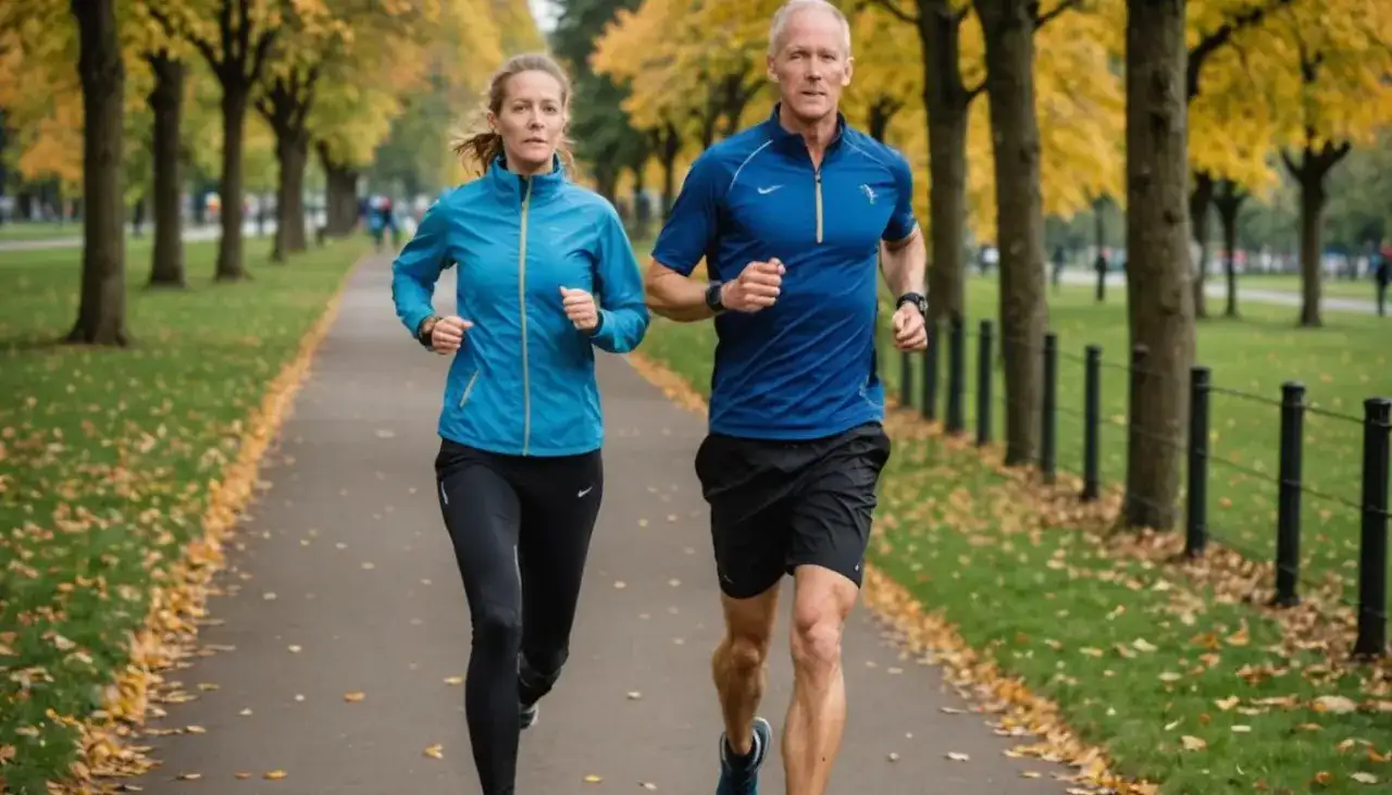 Para biegnie aleją w parku jesienią. Kobieta w niebieskiej kurtce i mężczyzna w niebieskiej koszulce, oboje w sportowym stroju, cieszą się aktywnością. To piękny bieg anglosaski.