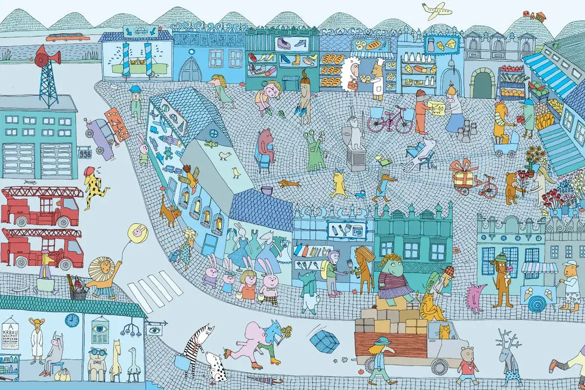 Ilustracja z książki "Miasteczko Mamoko" autorstwa Marty i Macieja Szymanowiczów. Wesołe miasteczko pełne zwierząt i ludzi.