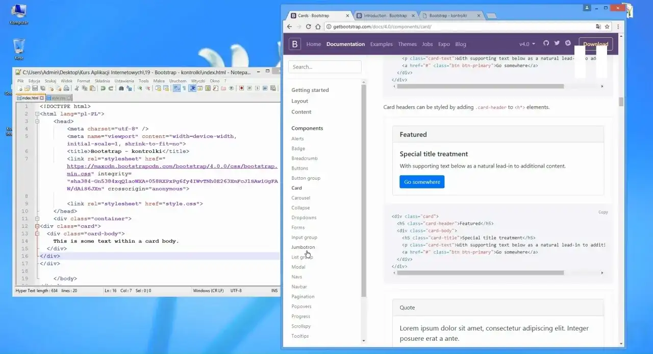 Kod HTML i CSS na ekranie pokazują, jak zacząć stronę HTML z użyciem Bootstrap. Widoczny jest edytor kodu i przeglądarka z dokumentacją.