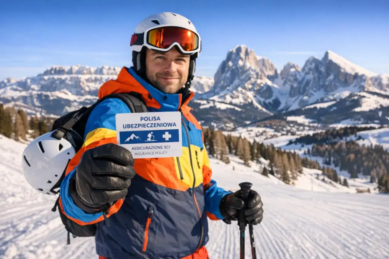 Narciarz w Dolomitach trzyma kartę "Polisa Ubezpieczeniowa", zapewniając sobie bezpieczeństwo podczas szusowania. Ubezpieczenie narciarskie Włochy to podstawa!