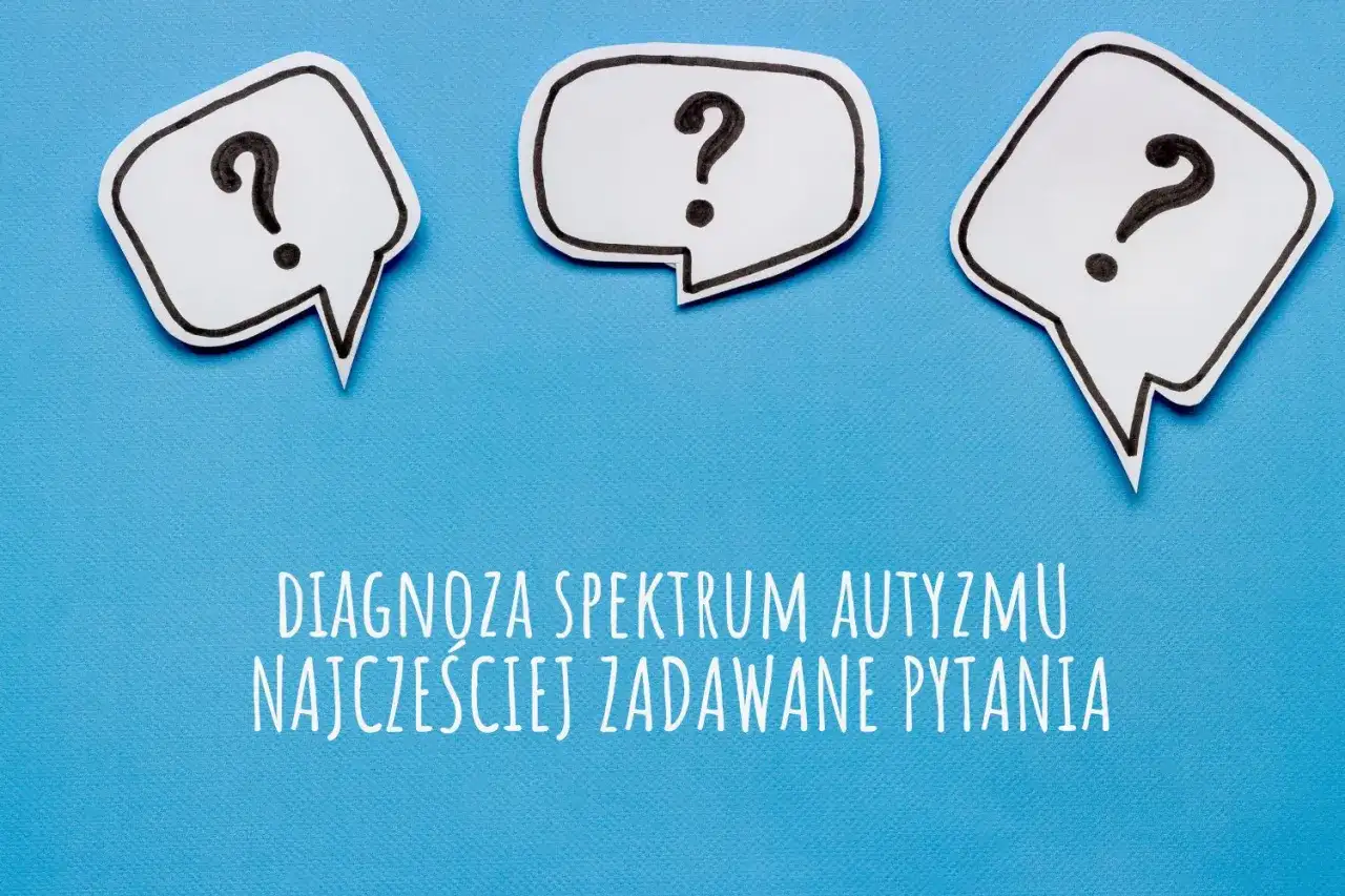 Trzy dymki z pytajnikami nad napisem "DIAGNOZA SPEKTRUM AUTOYZMU NAJCZĘŚCIEJ ZADAWANE PYTANIA". Test ADOS 2 może pomóc w odpowiedziach.