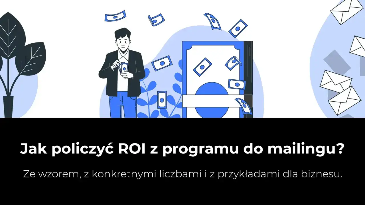 Mężczyzna z pieniędzmi w ręku, spadające banknoty i koperty. Ilustracja pokazuje, jak obliczyć ROI z mailingu, by zwiększyć zyski.