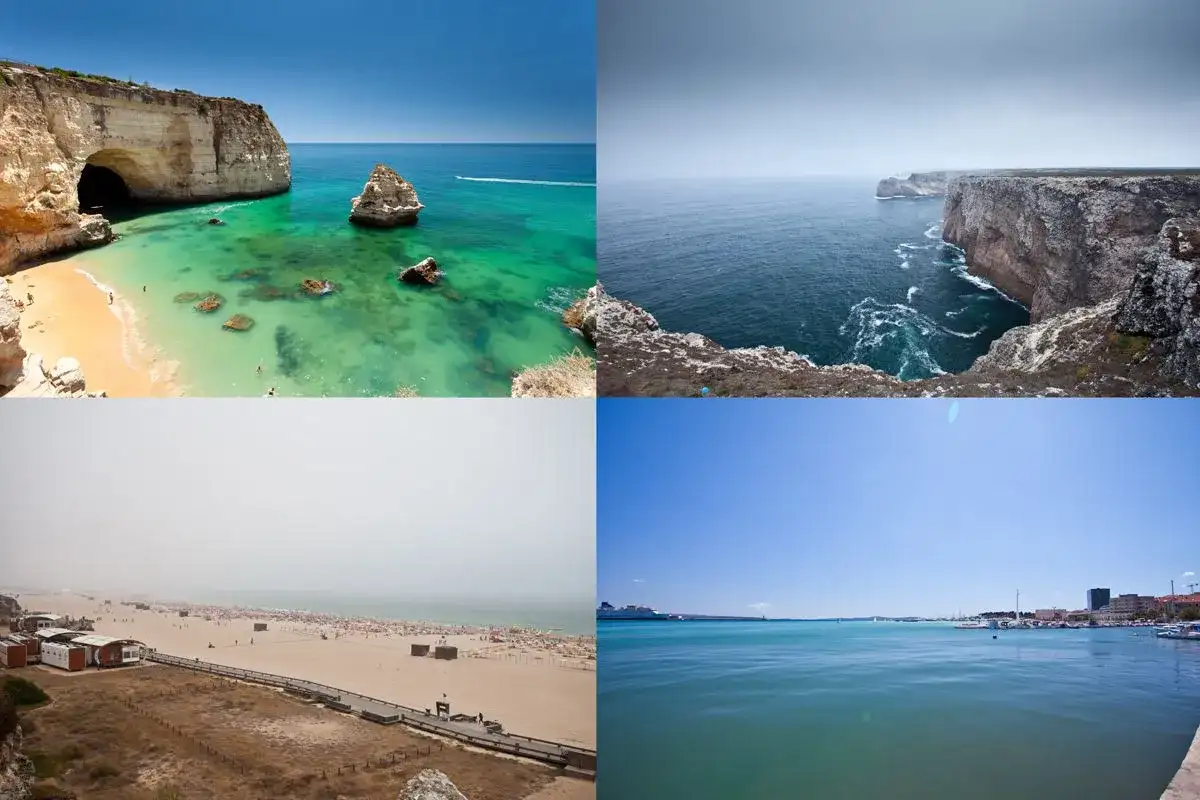 Piękne zdjecia z wakacji: plaża z jaskinią, klify, zatłoczona plaża i port z widokiem na miasto.