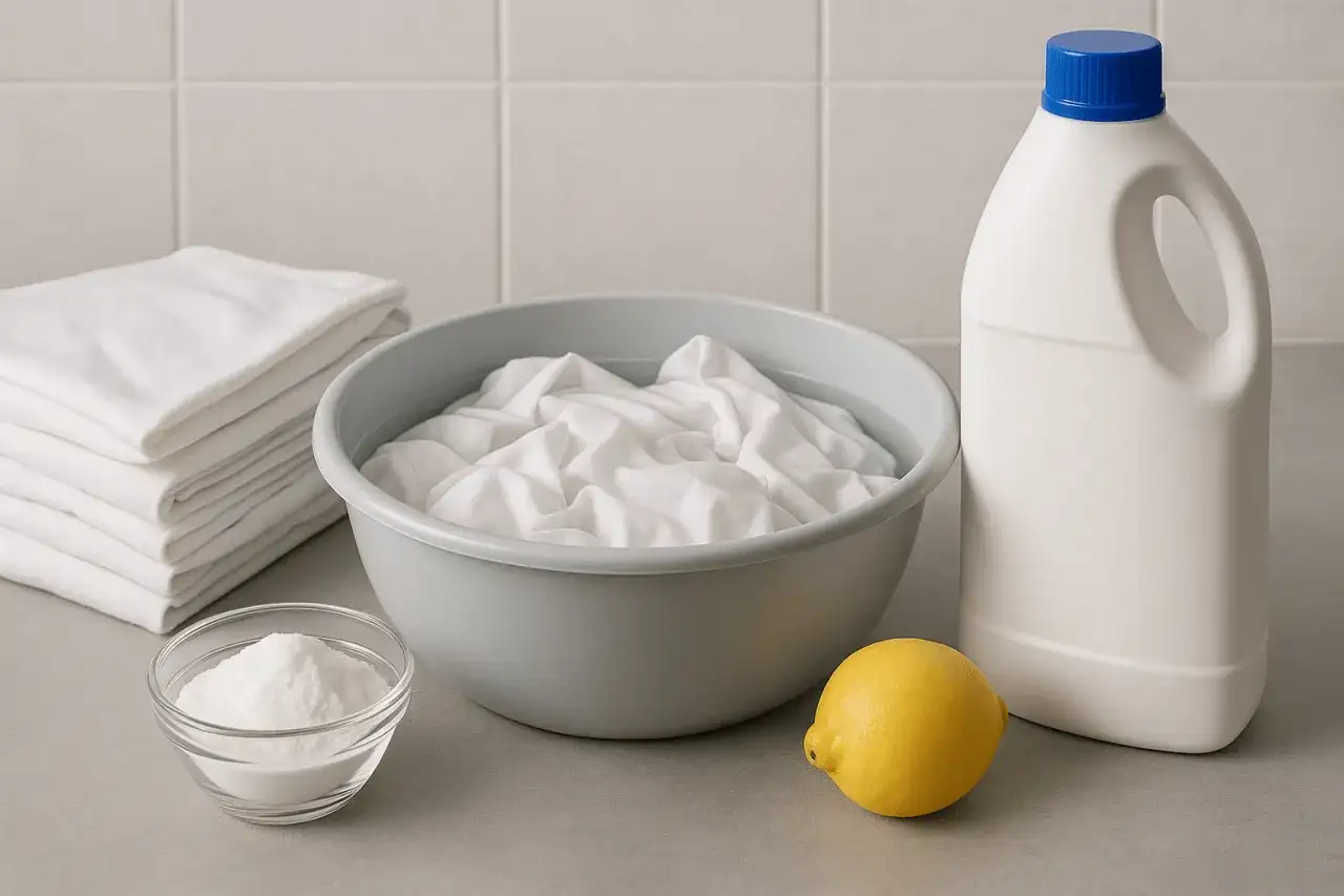 Biała bluzka w misce z wodą, obok cytryna, proszek i wybielacz. Oto jak czym wybielić białą bluzkę.